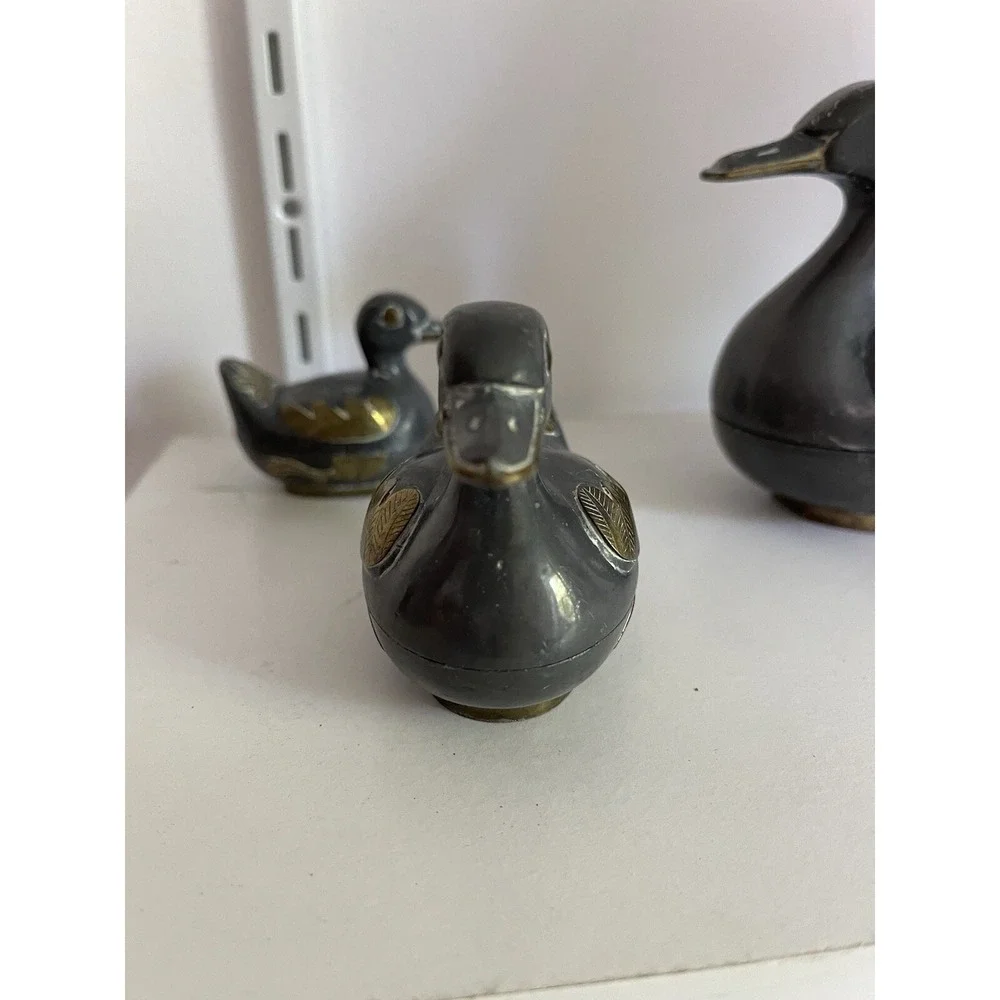 Vintage Solid Pewter and Brass Tin Duck Family Lidded Boxes - Set of 3 Hong Kon